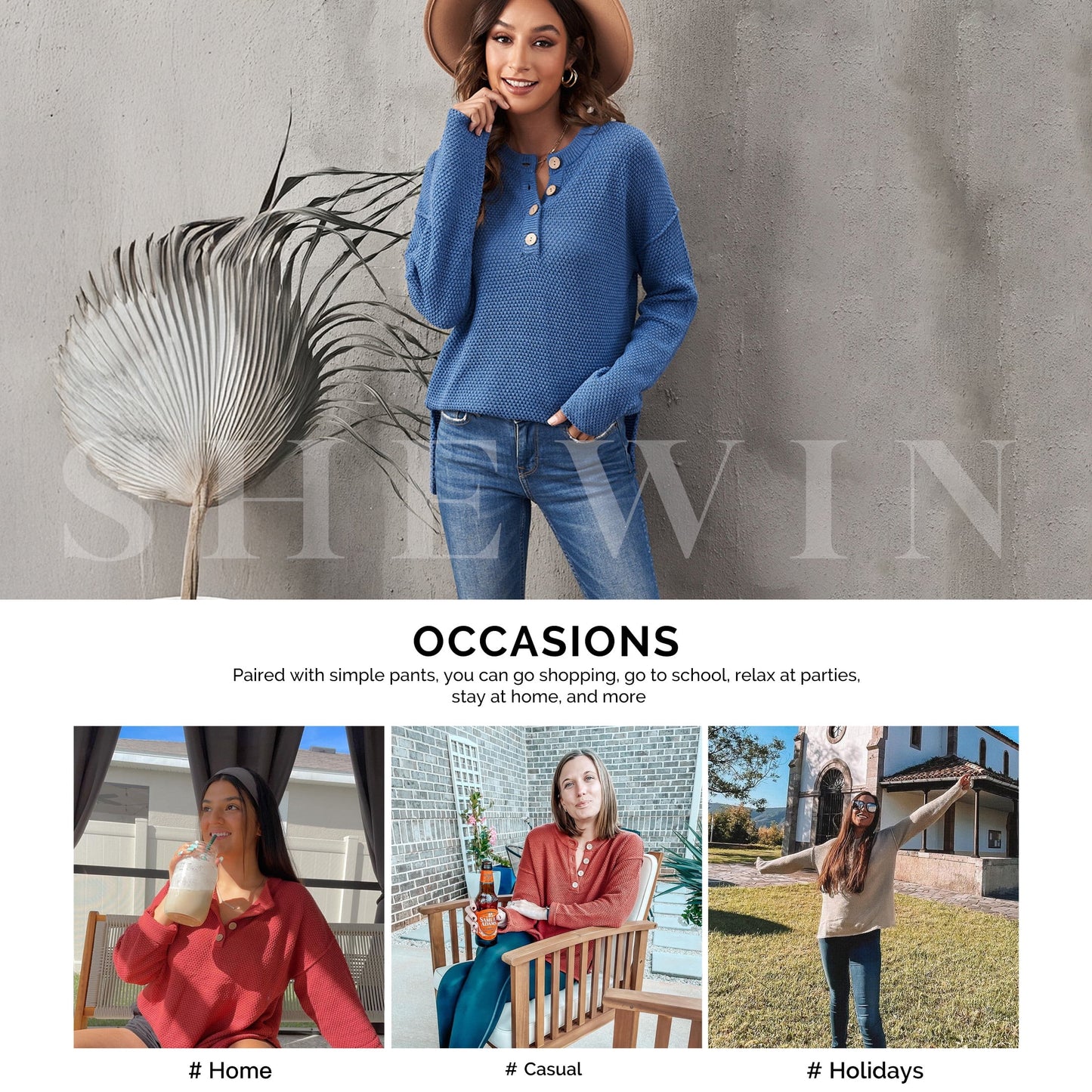 Women Solid Color Sweater Blue Waffle Knit Pullover Side Split Tunic Tops 12 14