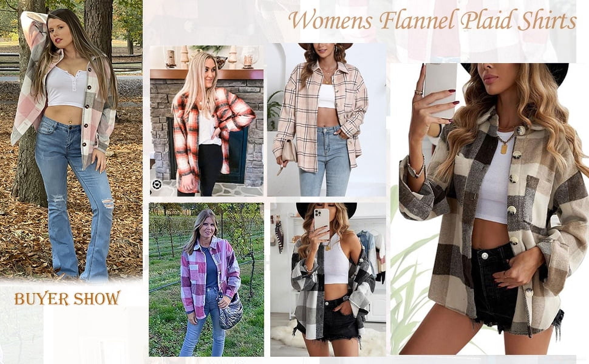Womens Plaid Shirts Flannel Shacket Jacket Long Sleeve Button down Shirts Blouses Tops