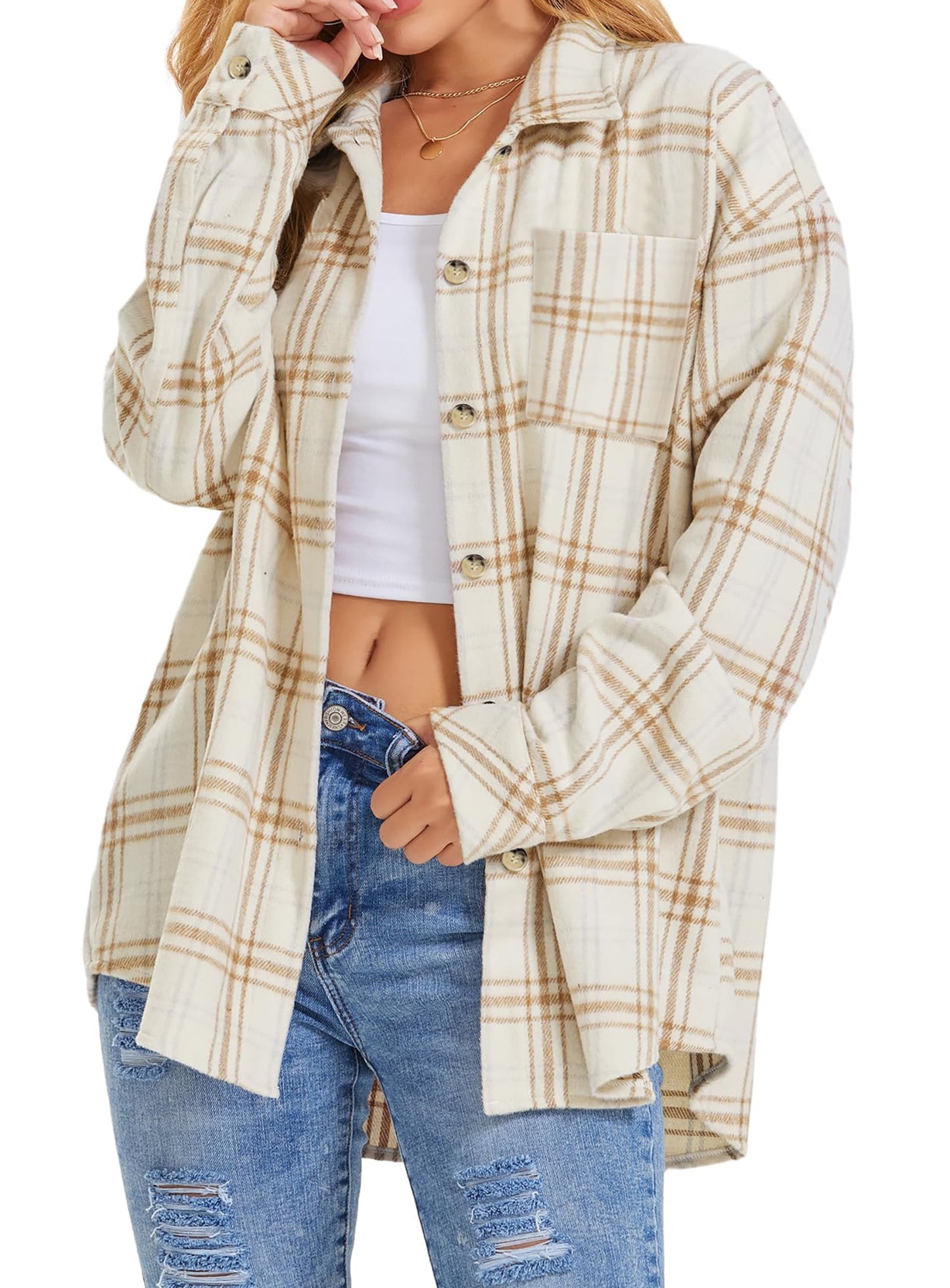 Womens Plaid Shirts Flannel Shacket Jacket Long Sleeve Button down Shirts Blouses Tops